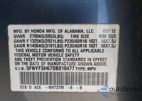 2013 Honda Pilot Ex-L z USA, uszkodzony, nr VIN 5FNYF3H67DB010477